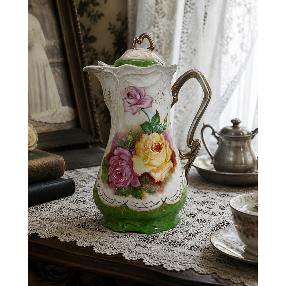 Antique Porcelain Coffee Pot Pitcher Gold Gilt Hand Painted Roses Victorian Tea